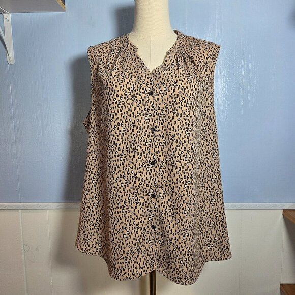By Design Extra Large Tan Black Animal Print V Neck Sleeveless Button Up Blouse - Picture 1 of 8